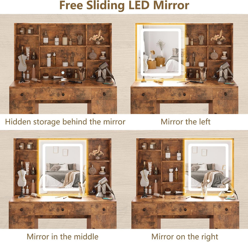 IRONCK Vanity Desk Set with Large LED Lighted Mirror & Power Outlet, 7 Drawers Vanities Dressing Makeup Table with Storage Bench, for Bedroom, Industrial Style Vintage Brown