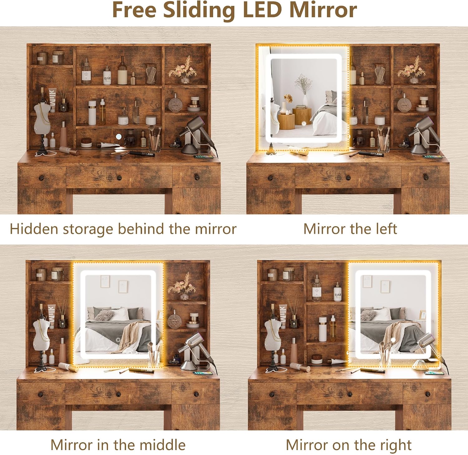 IRONCK Vanity Desk Set with Large LED Lighted Mirror & Power Outlet, 7 Drawers Vanities Dressing Makeup Table with Storage Bench, for Bedroom, Industrial Style Vintage Brown