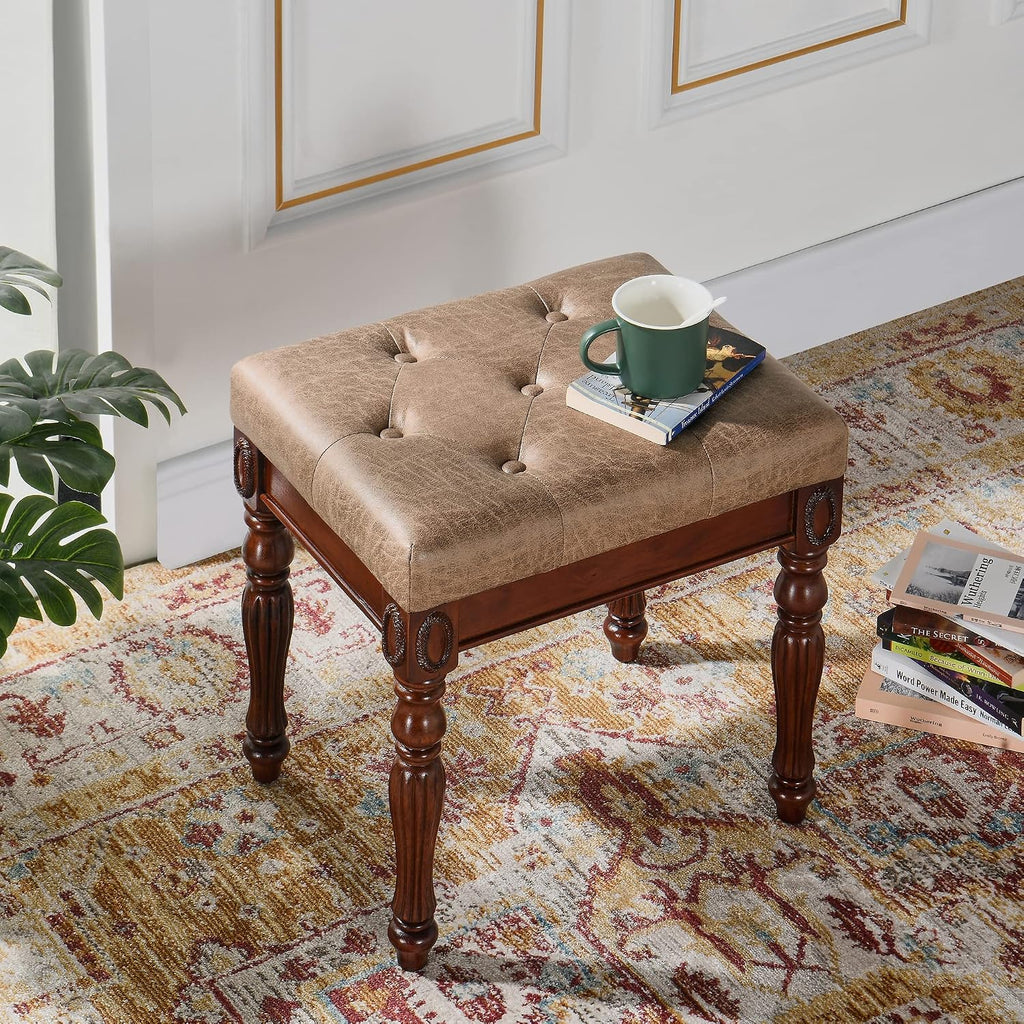 Solid Wood Upholstered Vanity Bench, Small Vintage Ottoman Leather Tufted Foot Stool with Padded Cushion Seat Carved Footrest Rustic Legs for Bedroom Living Room 1533LT(Light Yellow)