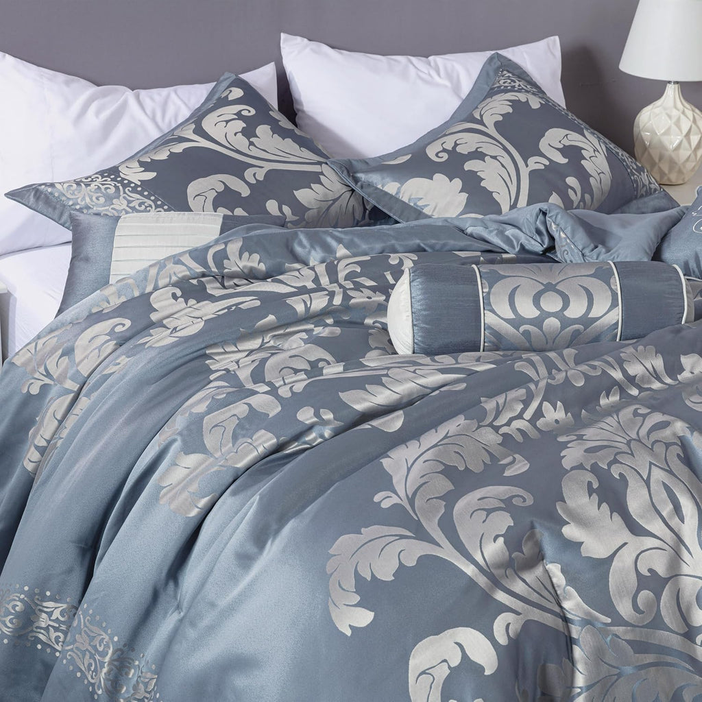 Chezmoi Collection Royale 7-Piece Jacquard Floral Comforter Set, Oversized Queen, Grayish Blue/Gray