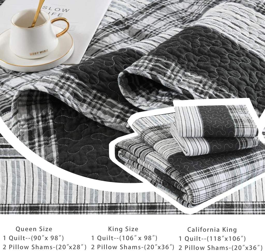 Homzard 100% Cotton Quilt Set,California King 118'' x 106'' Oversized Bedspread Set with 2 Pillow Shams, Black Plaid Striped Oversized Comforter Set, 3 Pieces Farmhouse Coverlet | Breathable