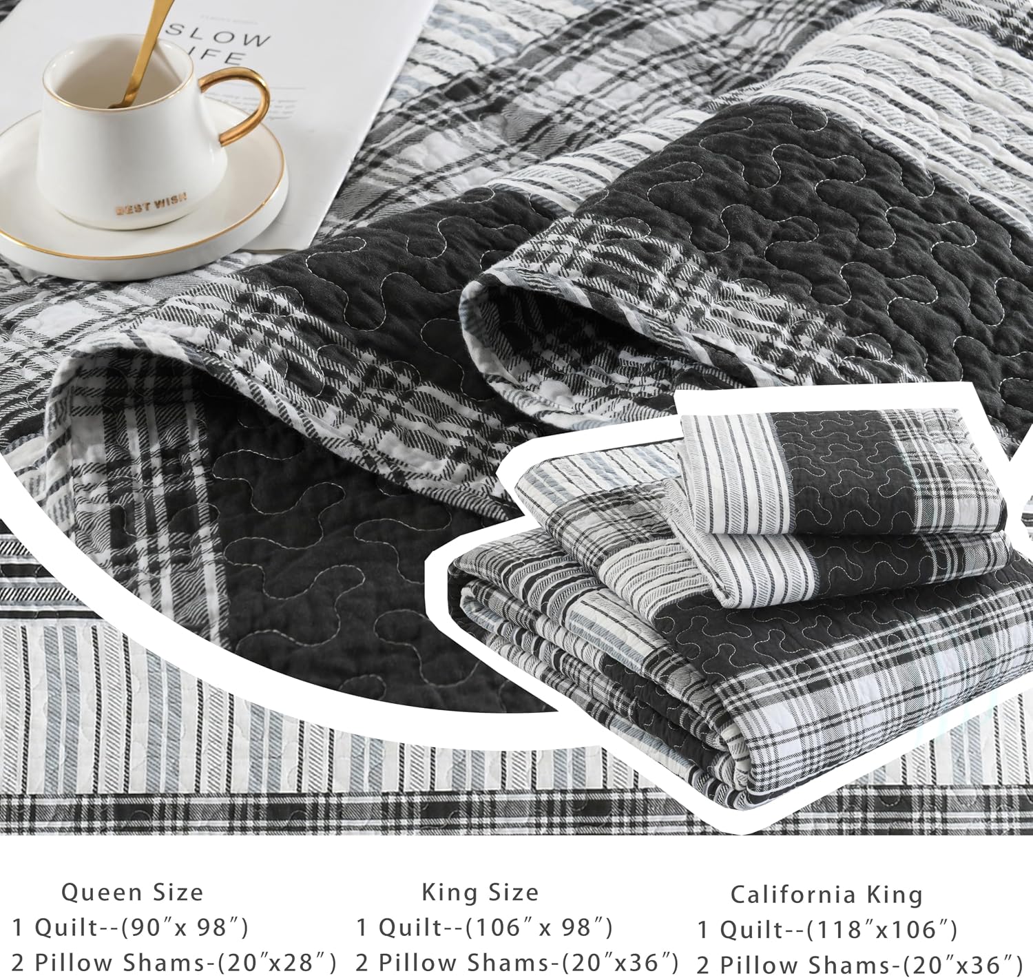 Homzard 100% Cotton Quilt Set,California King 118'' x 106'' Oversized Bedspread Set with 2 Pillow Shams, Black Plaid Striped Oversized Comforter Set, 3 Pieces Farmhouse Coverlet | Breathable