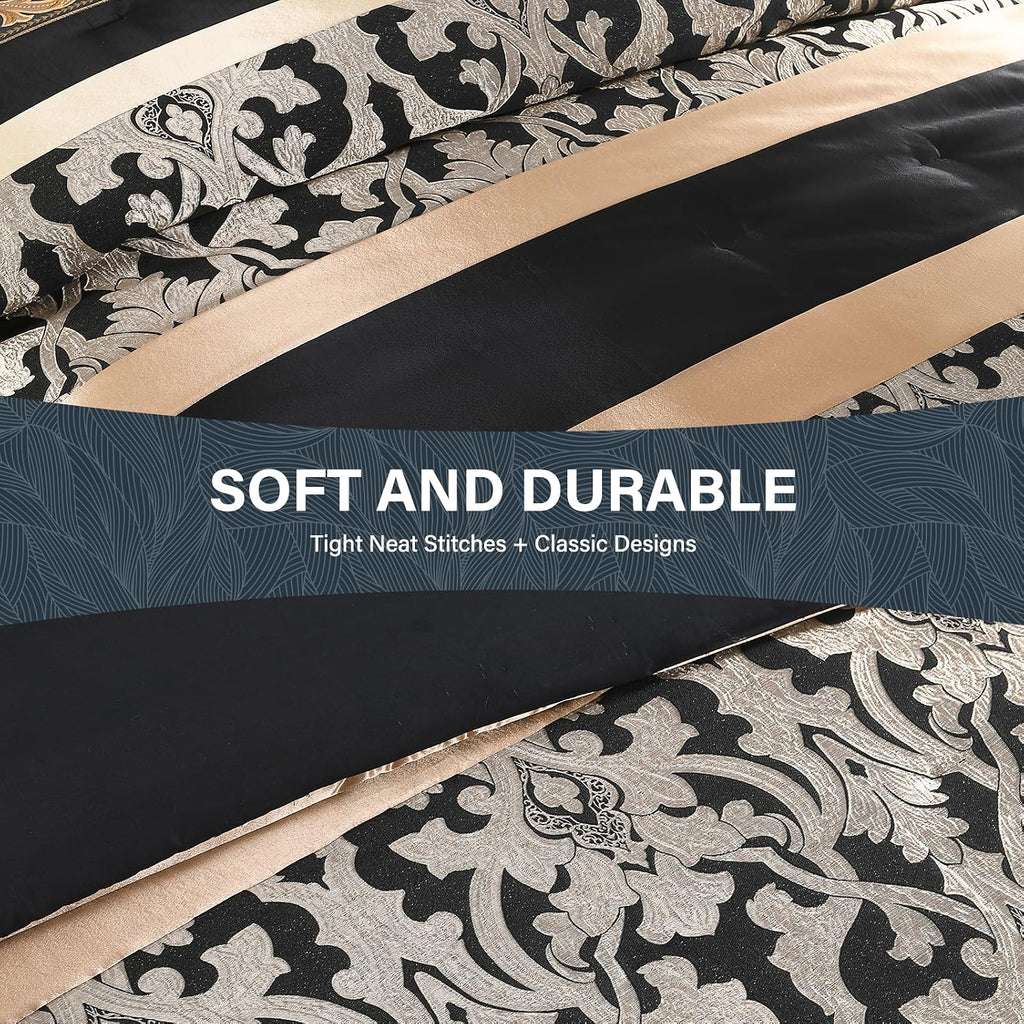 SahSahCasa 7-Piece Luxury King Comforter Set, Bed in a Bag King, Black and Gold Fluffy Jacquard Silky Comforter Bedding Set with Bed Skirt, Decorative Pillows, Elegant Reversible, Down-Alternative