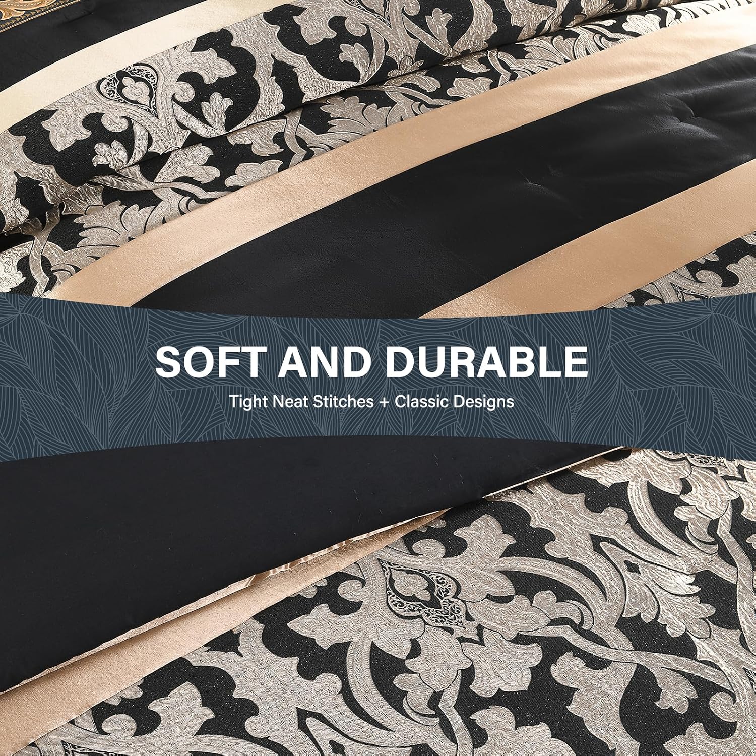 SahSahCasa 7-Piece Luxury King Comforter Set, Bed in a Bag King, Black and Gold Fluffy Jacquard Silky Comforter Bedding Set with Bed Skirt, Decorative Pillows, Elegant Reversible, Down-Alternative