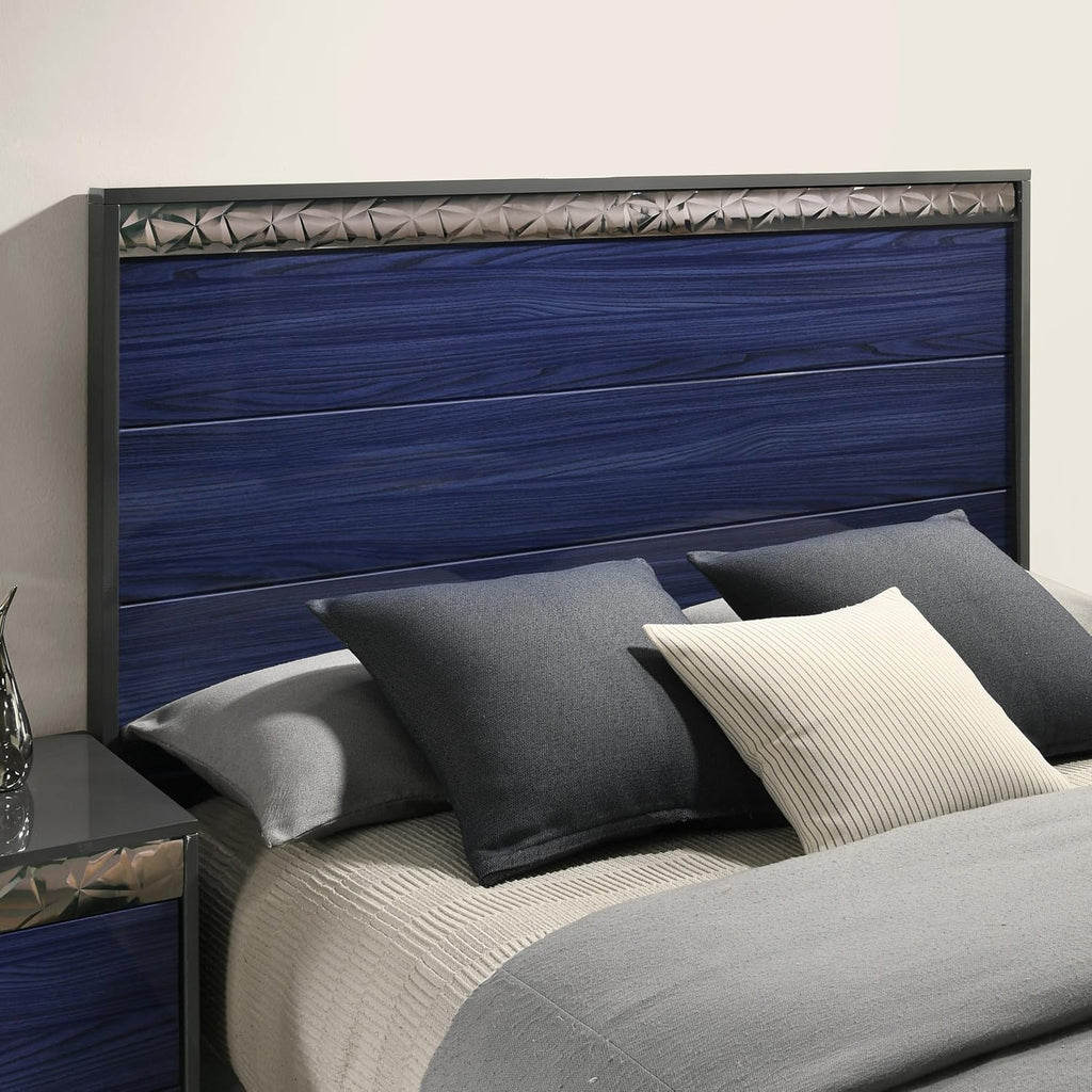 Furniture of America Scape Glam Solid Wood 5-Piece Bedroom Set with Geo Chrome Molding, Felt-Lined Top Drawer, Metal Side Glide, Square Knobs, No Box Spring Needed, King, Indigo Blue