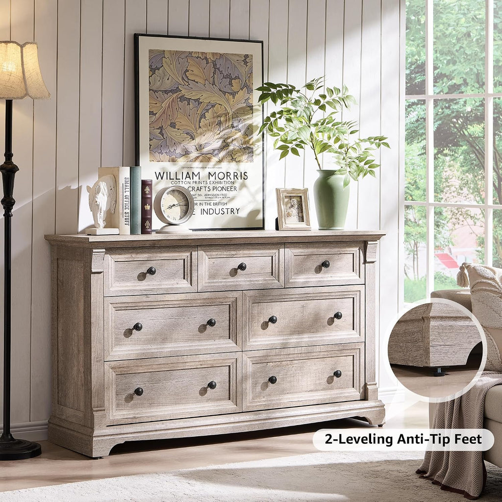 T4TREAM Farmhouse 7 Drawers Dresser for Bedroom, 54' Wide Wood Rustic Chest of Drawers w/Roman Column, Wooden Storage Dressers Organizer for Bedroom, Living Room, Light Rustic Oak