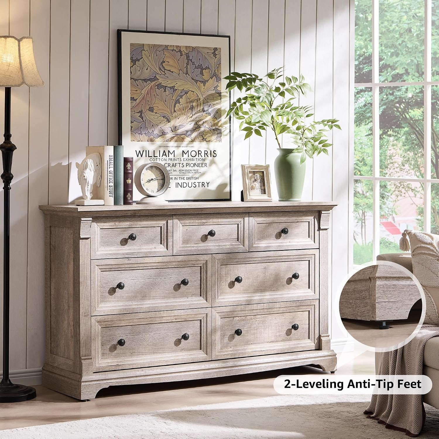 T4TREAM Farmhouse 7 Drawers Dresser for Bedroom, 54' Wide Wood Rustic Chest of Drawers w/Roman Column, Wooden Storage Dressers Organizer for Bedroom, Living Room, Light Rustic Oak