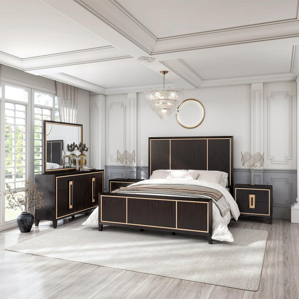 Furniture of America Samuel Modern Solid Wood 5-Piece Bedroom Collection Bed Frame, 2-Drawer Nightstands and 6-Drawer Dresser with Mirror, Box Spring Required, Espresso, King