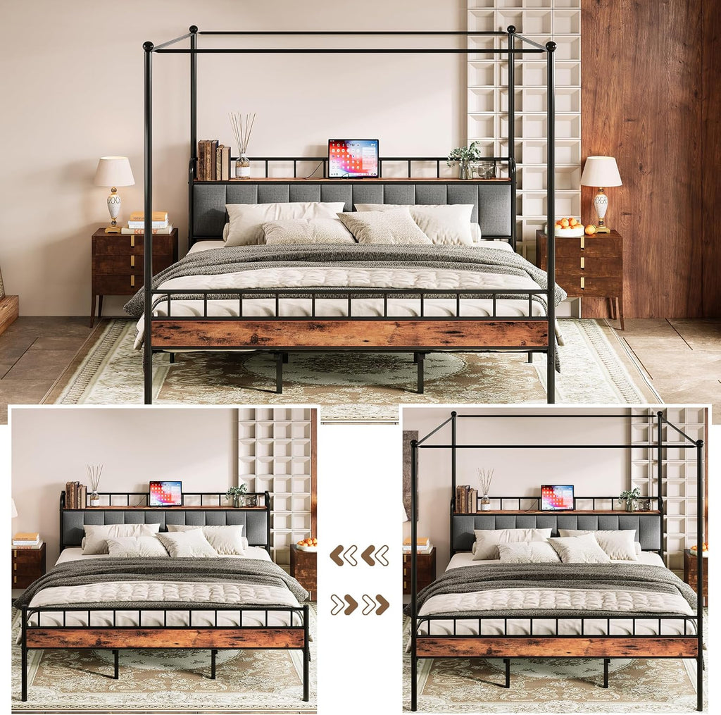 LIKIMIO Canopy Bed Frame King, Storage Headboard with Charging Station, Platform Bed with 4 Removable Sturdy Posts, Noise Free, No Box Spring Needed, Vintage Brown