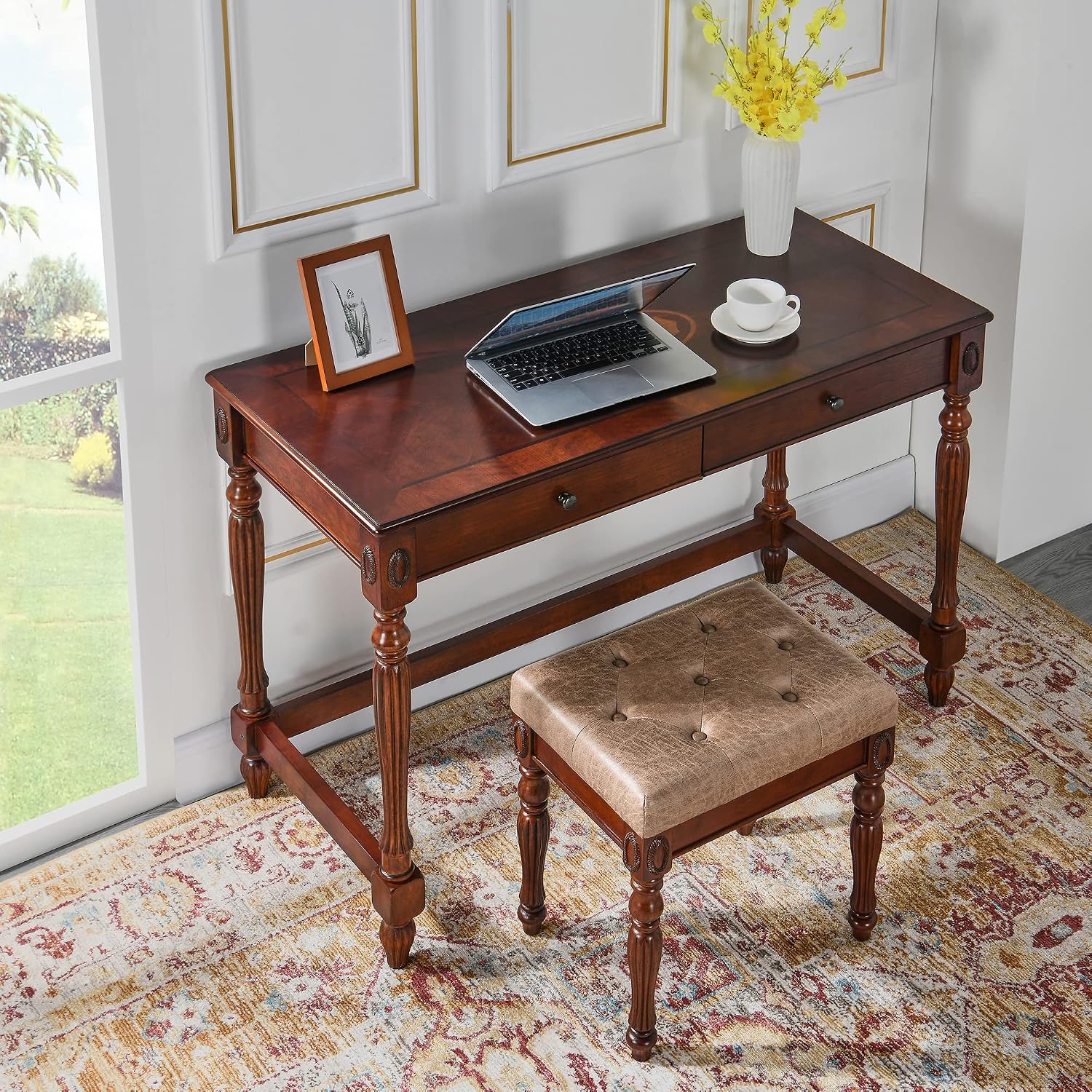 Solid Wood Upholstered Vanity Bench, Small Vintage Ottoman Leather Tufted Foot Stool with Padded Cushion Seat Carved Footrest Rustic Legs for Bedroom Living Room 1533LT(Light Yellow)