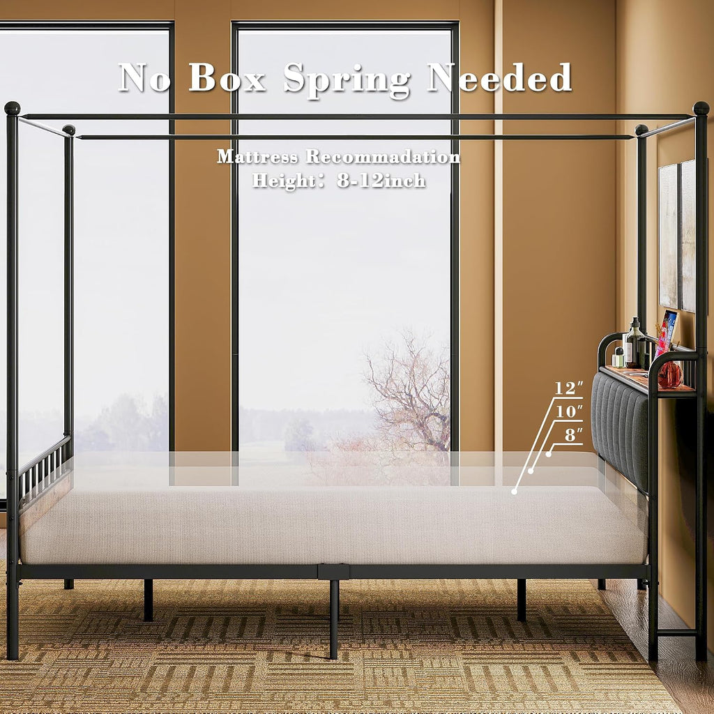 LIKIMIO Canopy Bed Frame Full, Storage Headboard with Charging Station, Platform Bed with 4 Removable Sturdy Posts, Noise Free, No Box Spring Needed, Vintage Brown