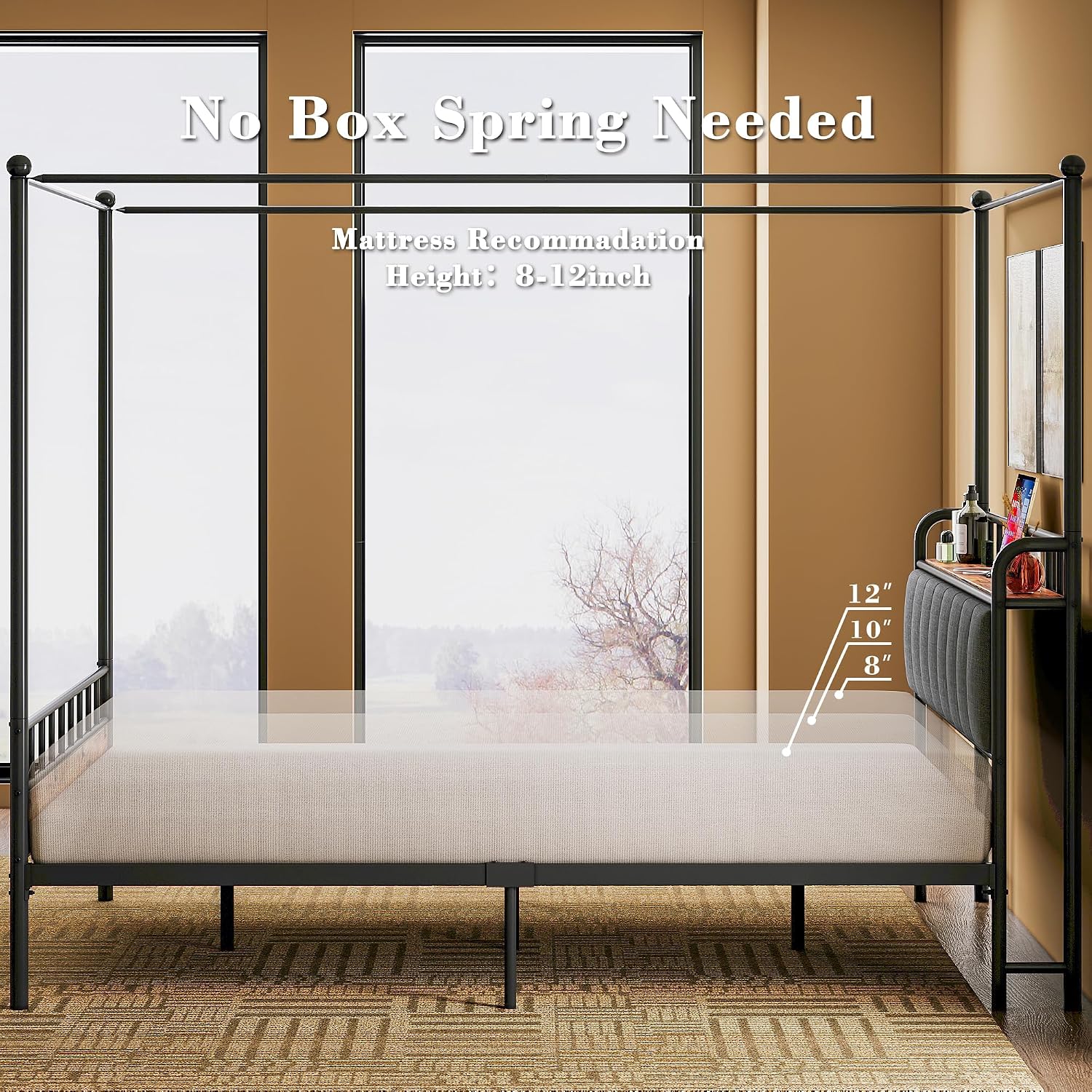 LIKIMIO Canopy Bed Frame Full, Storage Headboard with Charging Station, Platform Bed with 4 Removable Sturdy Posts, Noise Free, No Box Spring Needed, Vintage Brown