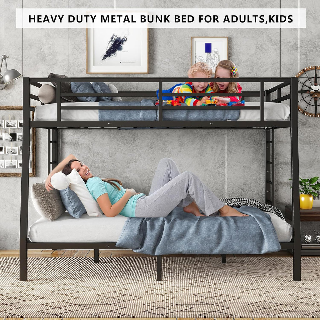 Setawix Metal Full XL Over Queen Bunk Bed,Heavy Duty Queen Bunk Beds for Adults,Industrial Bunkbed with Ladders for Kids,Teens,Boys,Girls,Space Saving,Low Noice (Black, Full XL Over Queen)