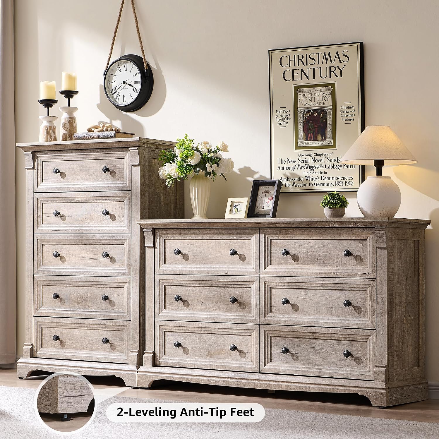 Farmhouse 6 Drawers Dresser for Bedroom, 54' Wide Large Dressers & Chests of Drawers w/Roman Column, Wooden Dresser TV Stand with Large Drawers for Nursery Bedroom Living Room Hallway,Light Rustic Oak