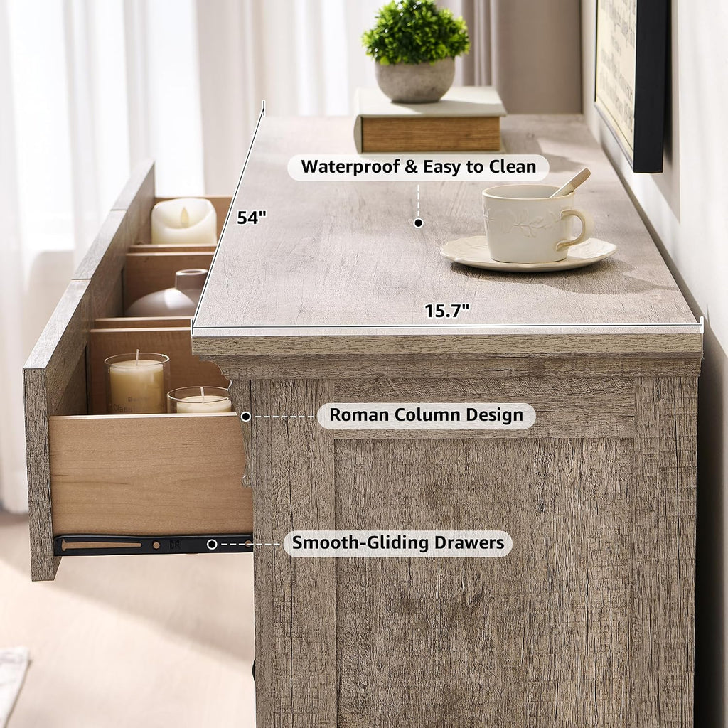 T4TREAM Farmhouse 7 Drawers Dresser for Bedroom, 54' Wide Wood Rustic Chest of Drawers w/Roman Column, Wooden Storage Dressers Organizer for Bedroom, Living Room, Light Rustic Oak