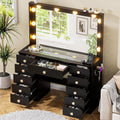 DINGIPP 42.1' Vanity with Large Mirror and 10 LED Lights, Vanity Desk with Glasstop, 11 Drawers with Crystal Handles, Dressing Table with Power Outlet as Gift for Women, Girls (Black)