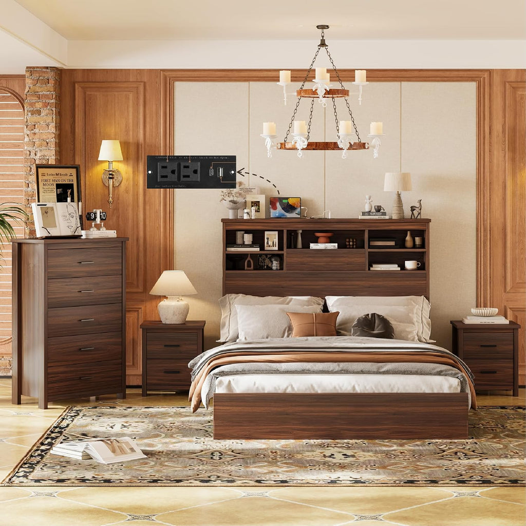 4 Piece Bedroom Furniture Set Farmhouse - Walnut Wood Queen Size Platform Bed Frame with Storage Headboard and Charging Station, Rustic Queen Bedroom Set with 1 Dresser and 2 Nightstand Sets