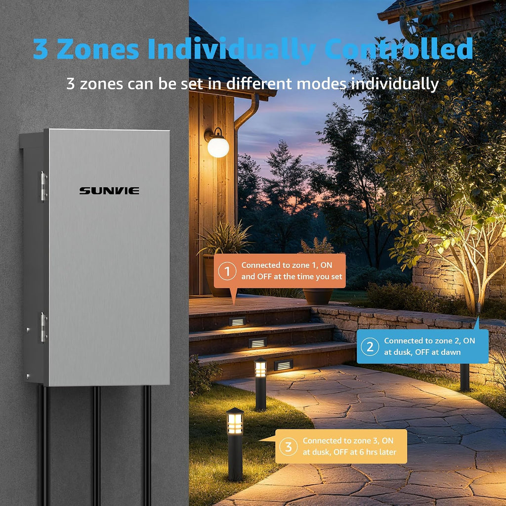 SUNVIE 300W Low Voltage Landscape Transformer 3 Zone Independent Control Outdoor Low Voltage Transformer with Timer & Photocell Sensor 120V AC to 12V/14V AC Waterproof Landscape Lighting Transformer