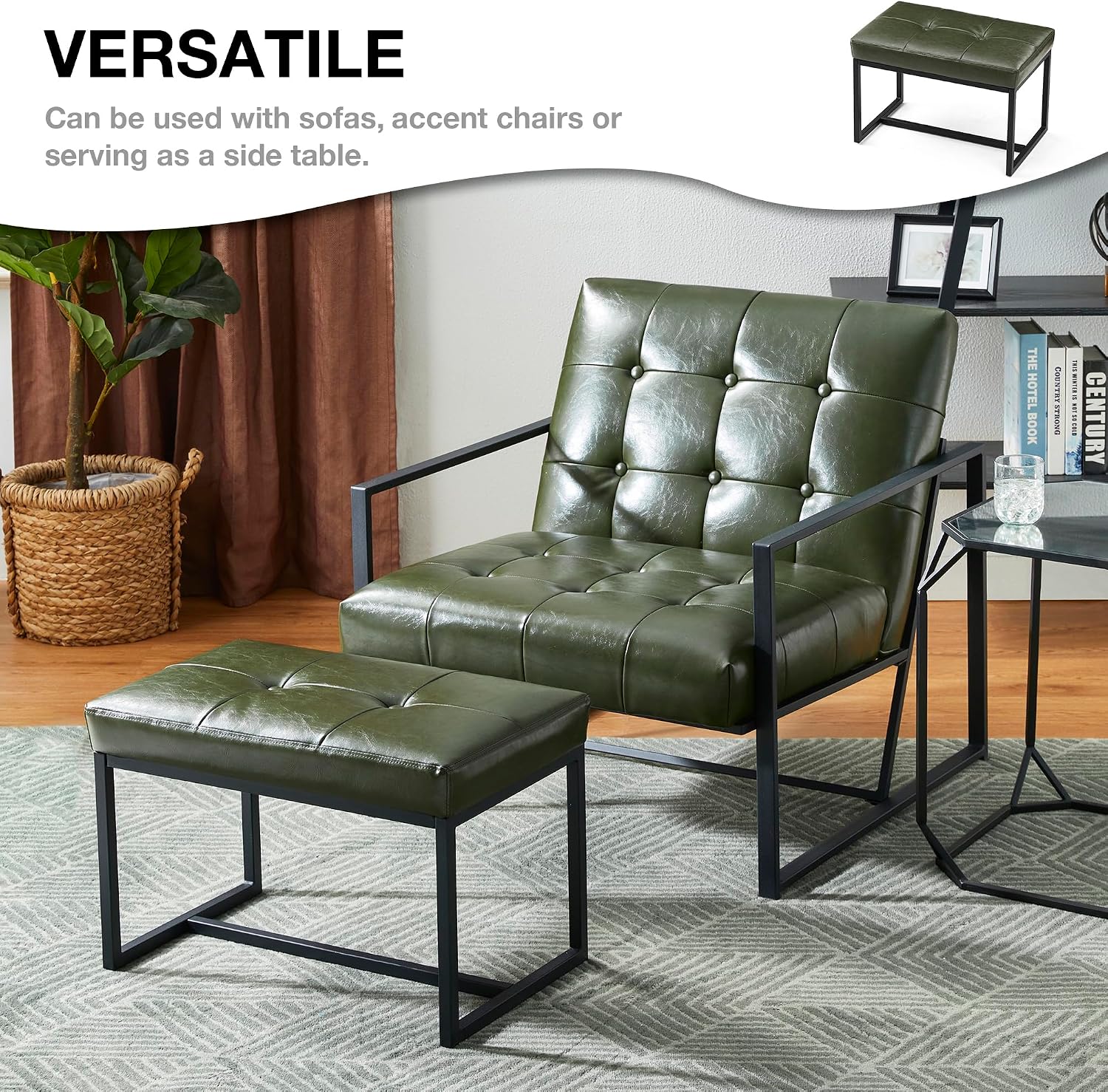 Glitzhome Ottoman Bench Pack of 2, Modern PU Leather Vanity Stools Chairs with Metal Frame, Makeup Stool Padded Foot Rest Stool for Living Room Vanity, Entryway, Bathroom,Green