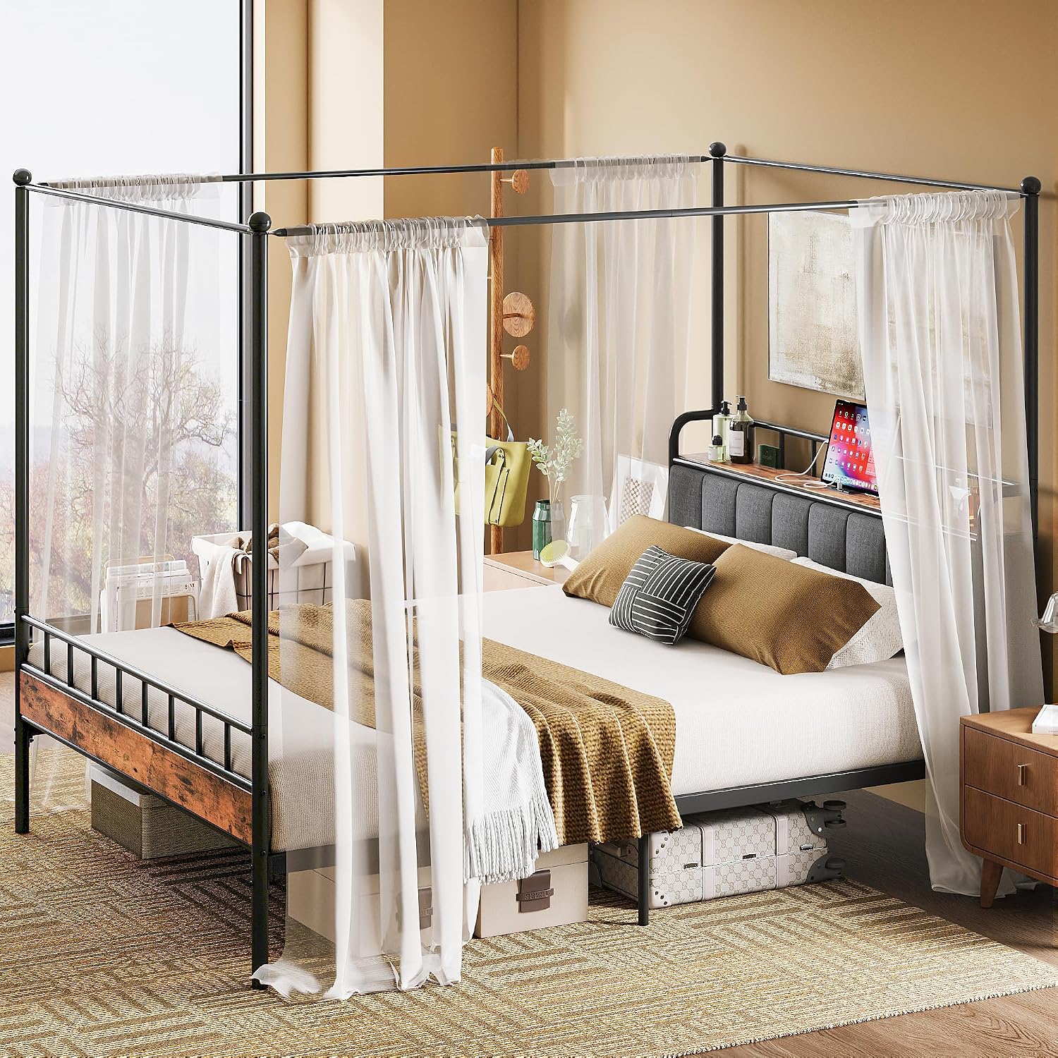 LIKIMIO Canopy Bed Frame Full, Storage Headboard with Charging Station, Platform Bed with 4 Removable Sturdy Posts, Noise Free, No Box Spring Needed, Vintage Brown