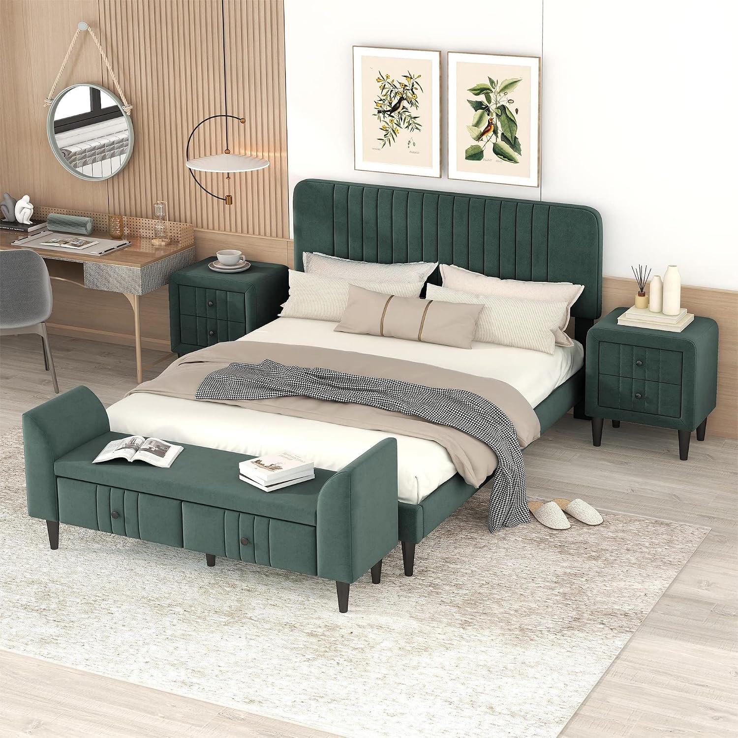 KLMM Elegant 4-Pieces Bedroom Sets Queen Size Upholstered Platform Bed with Two Nightstands and Storage Bench, No Box Spring Needed (Green#M^)