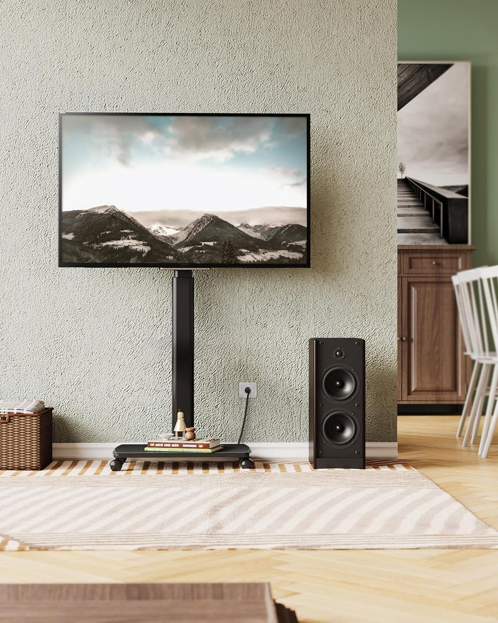 FITUEYES Rolling TV Stand with Power Outlets, Swivel Portable TV Stand for 32-70 Inch LCD LED OLED Flat/Curved Panel Screen TVs, Height Adjustable&Wood Base, Mobile TV cart Holds up to 88Lbs, Black