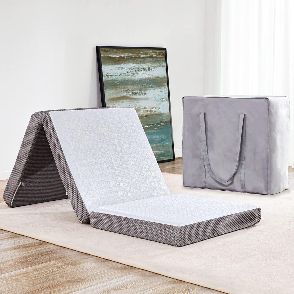 Kingfun Foldable Mat 3.8 Inch Folding Topper Tri-fold Gel Memory Foam Breathable with Storage Bag, Portable Floor Guest Mat Soft for Sleeping Camping, Gray, Queen Size