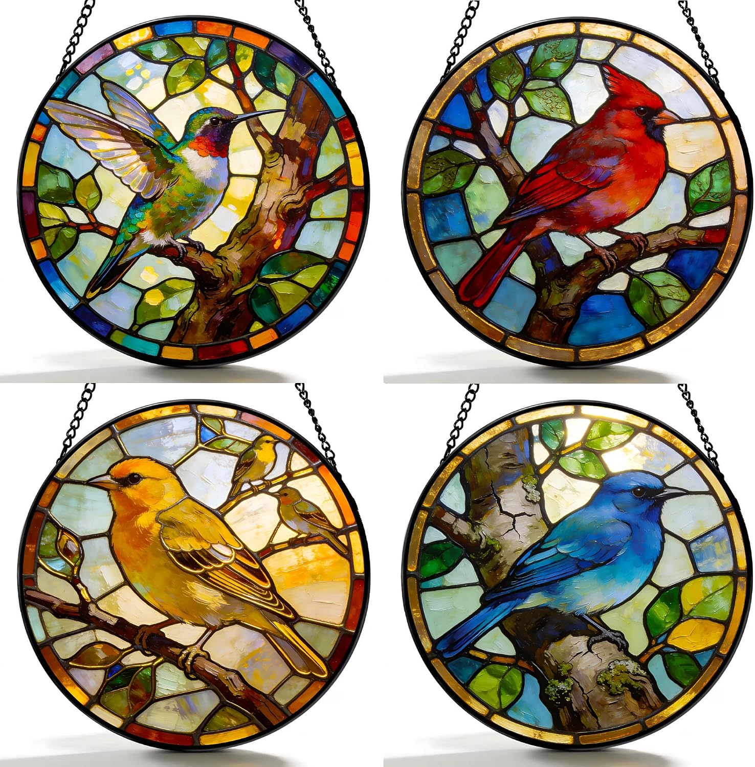 Funoasis 4Pcs Stained Glass Window Hanging Suncatcher - Hummingbird, Northern Cardinal, American Goldfinch, Eastern Bluebird Ornaments Sun Catcher Bird Lover Home Decor Women Gifts