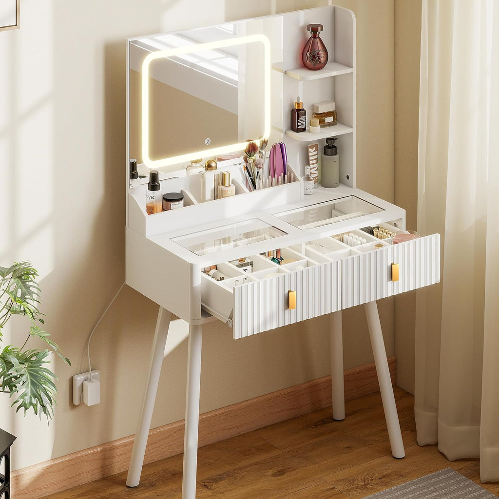 GOODONE 31.5' Fluted Vanity Desk with Mirror LED Lights, Makeup Desk with 2 Drawers, Furniture Clearance Outlet Dressing Table with Glass Top Built-in Dividers for Bedroom, 31.5*15.7*53.8in(White)