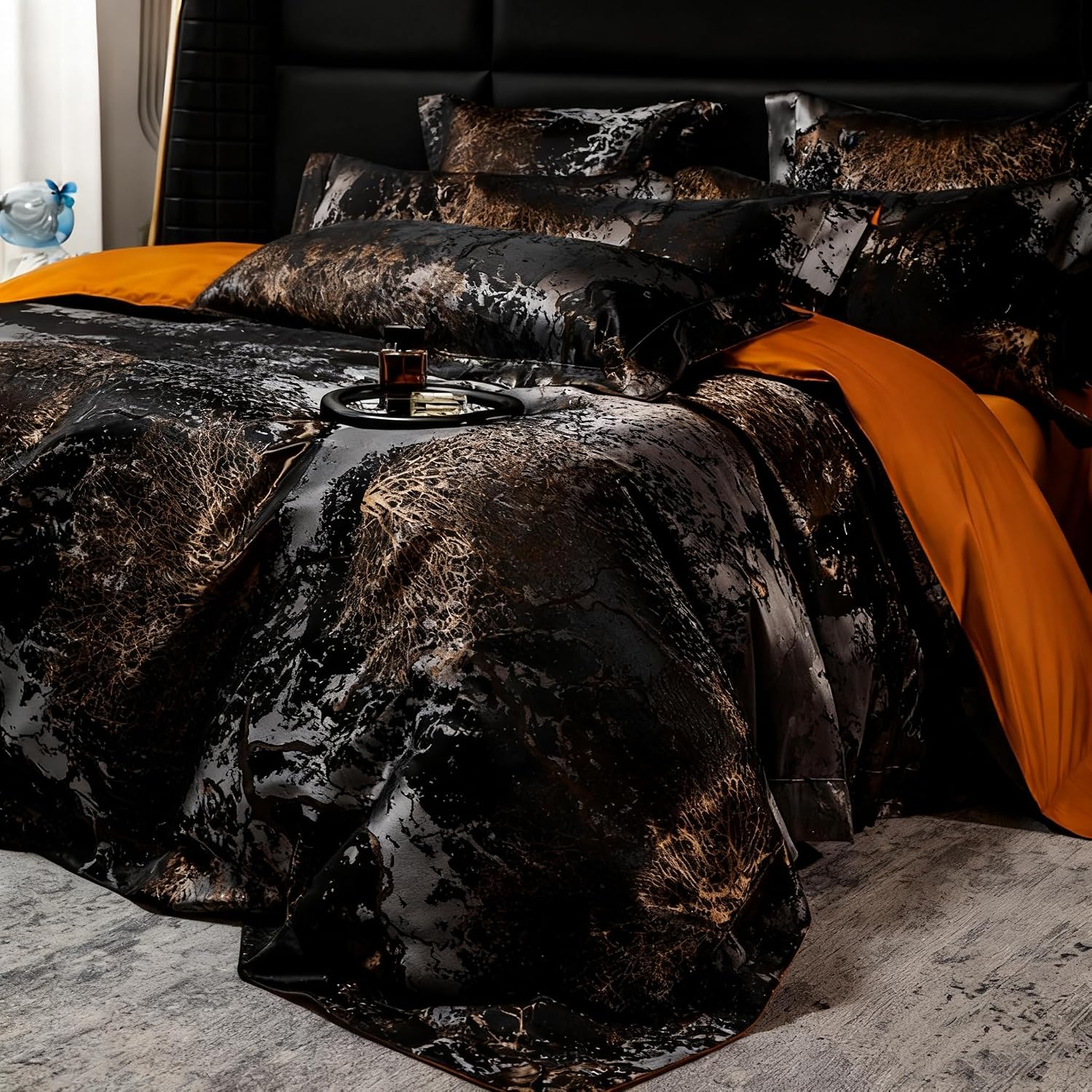 100% Long Staple Cotton Luxury 6-Piece Set, Elegant Black and Gold Satin Bedding Set, 3D Embroidered Jacquard, Quilt Cover，Sheet+2 Pillowcases and 2 Cushion Covers (Golden Years,Queen)