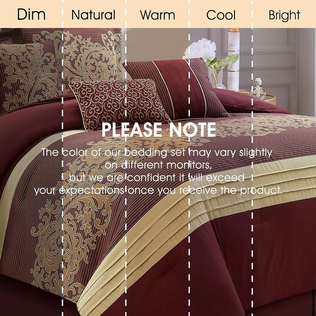 LANCO MODERN LIFESTYLE Red Gold Comforter Set, Queen, Damask Jacquard with Matching Solid Piece Work, 7 Piece Soft Bedding Set for All Season, Bed Skirt, Pillow Shams and Decorative Pillows