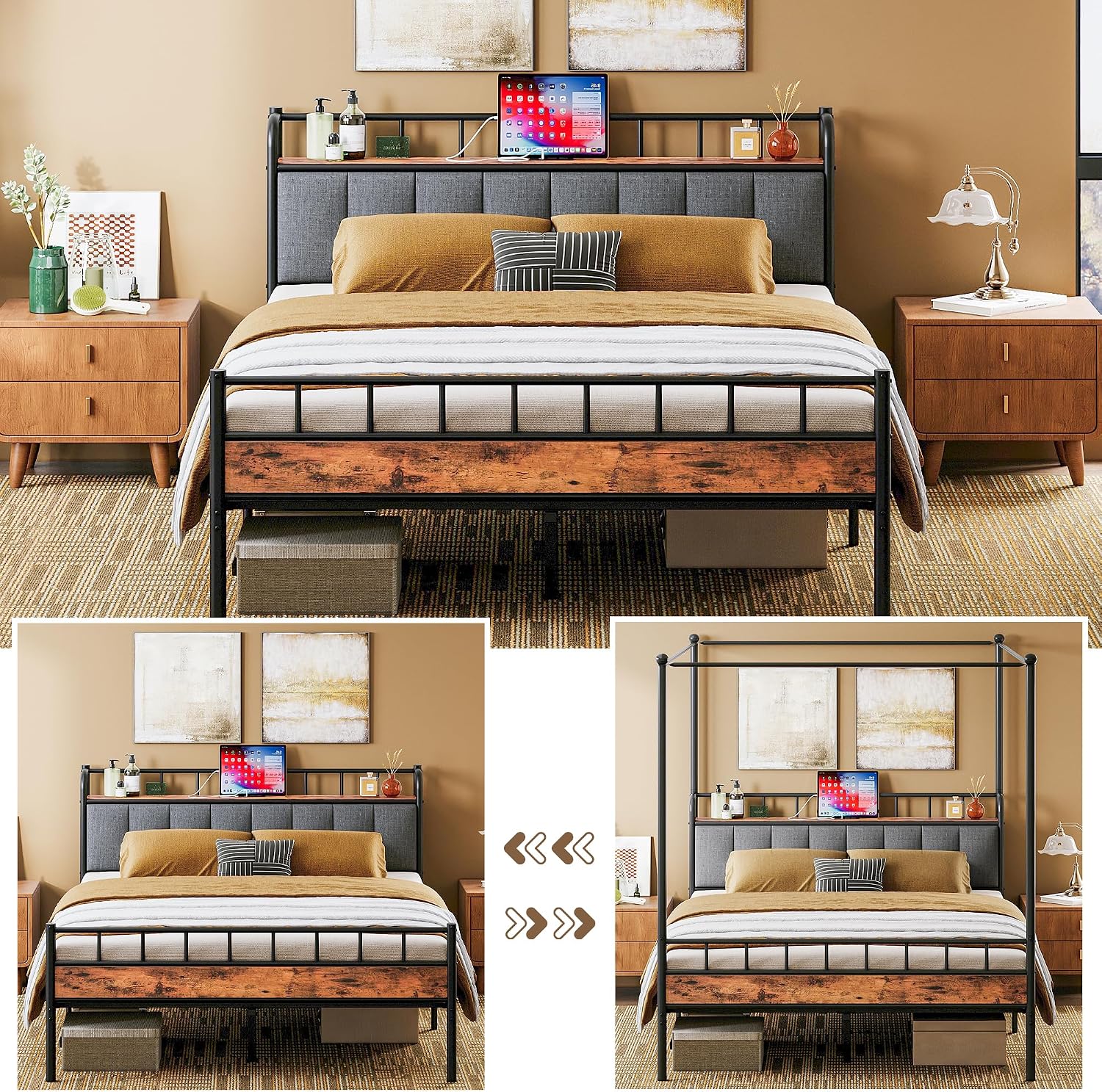 LIKIMIO Canopy Bed Frame Full, Storage Headboard with Charging Station, Platform Bed with 4 Removable Sturdy Posts, Noise Free, No Box Spring Needed, Vintage Brown