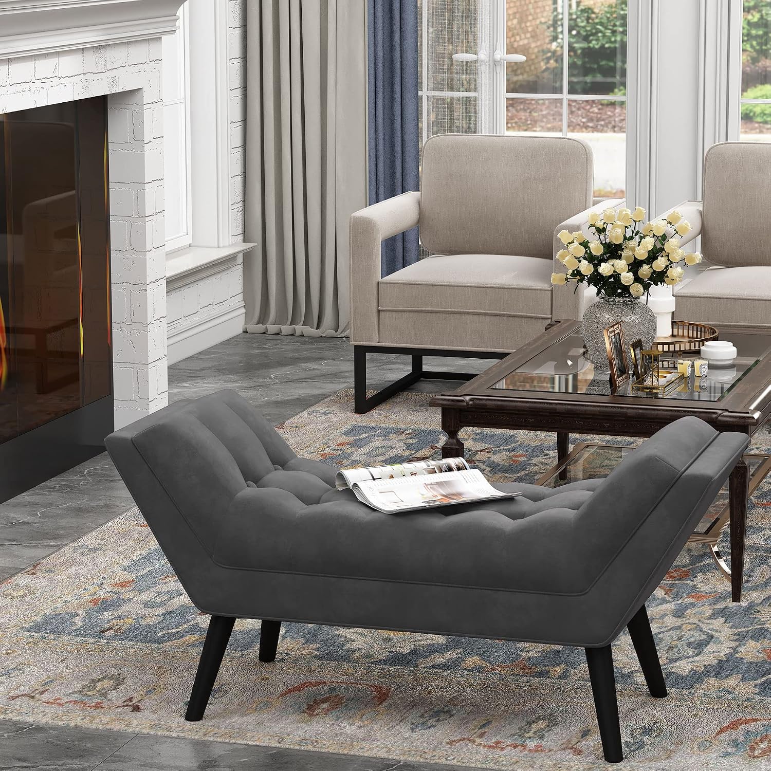 Andeworld Bed Bench Upholstered Tufted Footstool Entryway Ottoman Bench Two Seaters (Dark Gray)