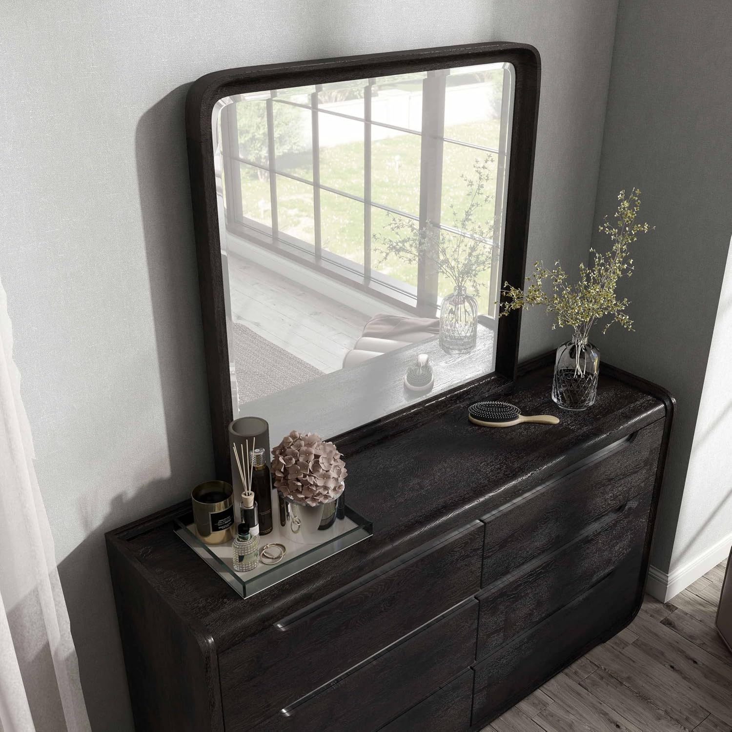 Furniture of America Teada Modern Solid Wood 5-Piece Bedroom Set with Padded Curved Headboard, Oval Nightstand, Felt-Lined Top and UV-Stained Lower Drawers, Box Spring Needed, King, Black