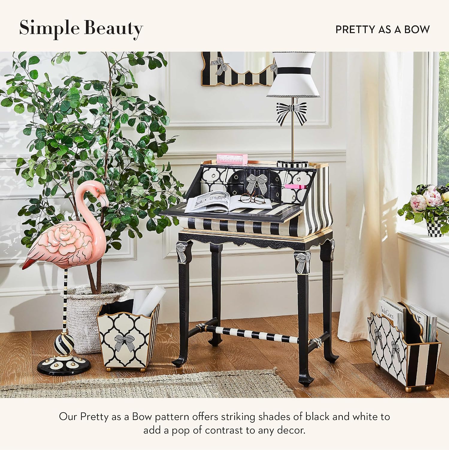 MACKENZIE-CHILDS Wood Waste Bin, Decorative Wastebasket for Bedroom and Bathroom Trash or Storage, Pretty as a Bow