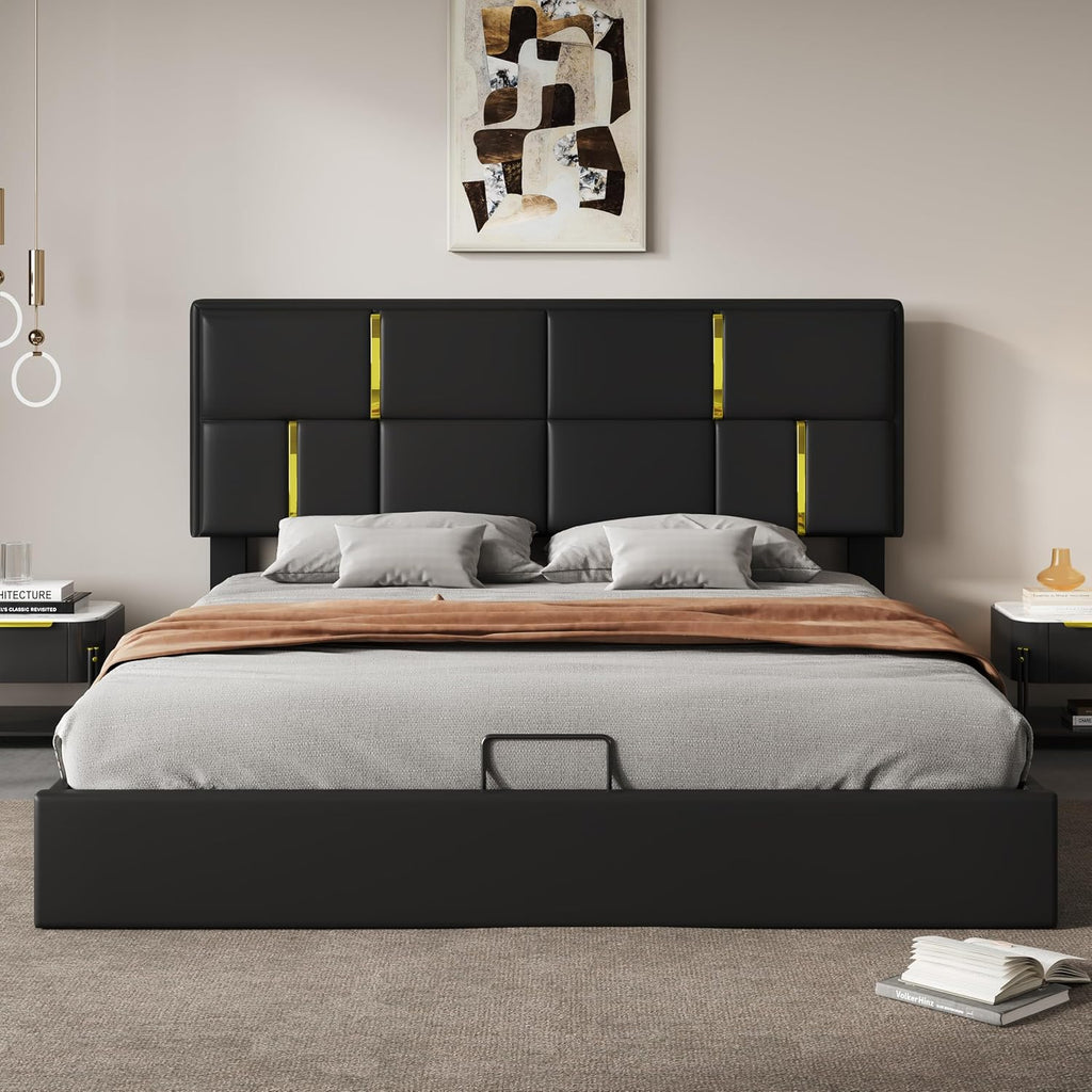 Ball & Cast Queen Size Lift Up Storage Bed,Upholstered Platform Bed with Gold Decor Headboard and Hydraulic Storage System,No Box Spring Needed,Bedroom Furniture for Apartment,Black