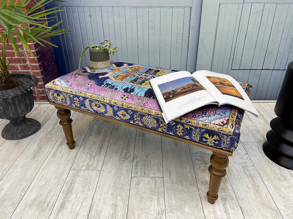 Generic Handmade Oriental Rug Bench, Pink, Wood, Cotton Fabric, Sponge
