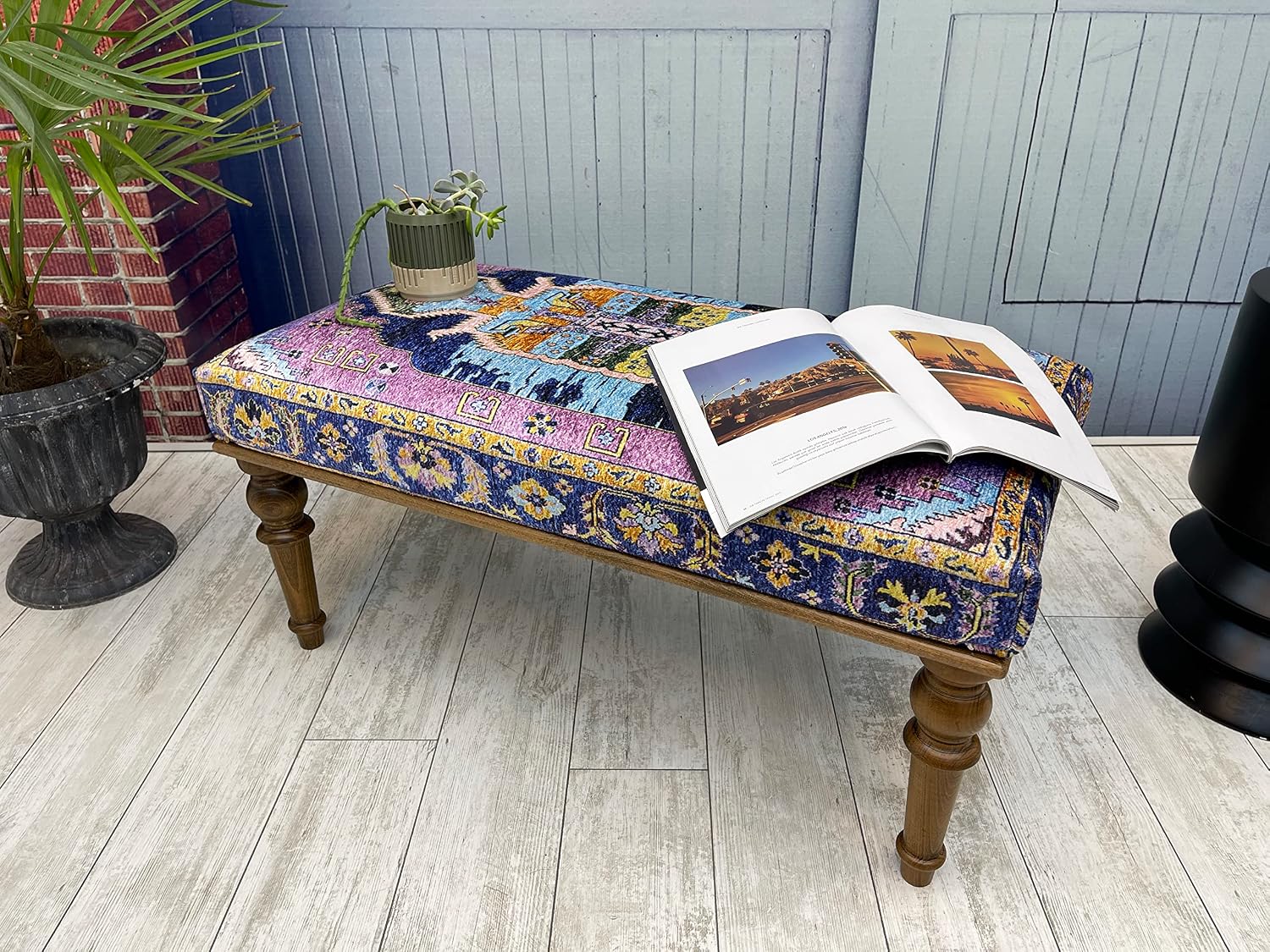 Generic Handmade Oriental Rug Bench, Pink, Wood, Cotton Fabric, Sponge