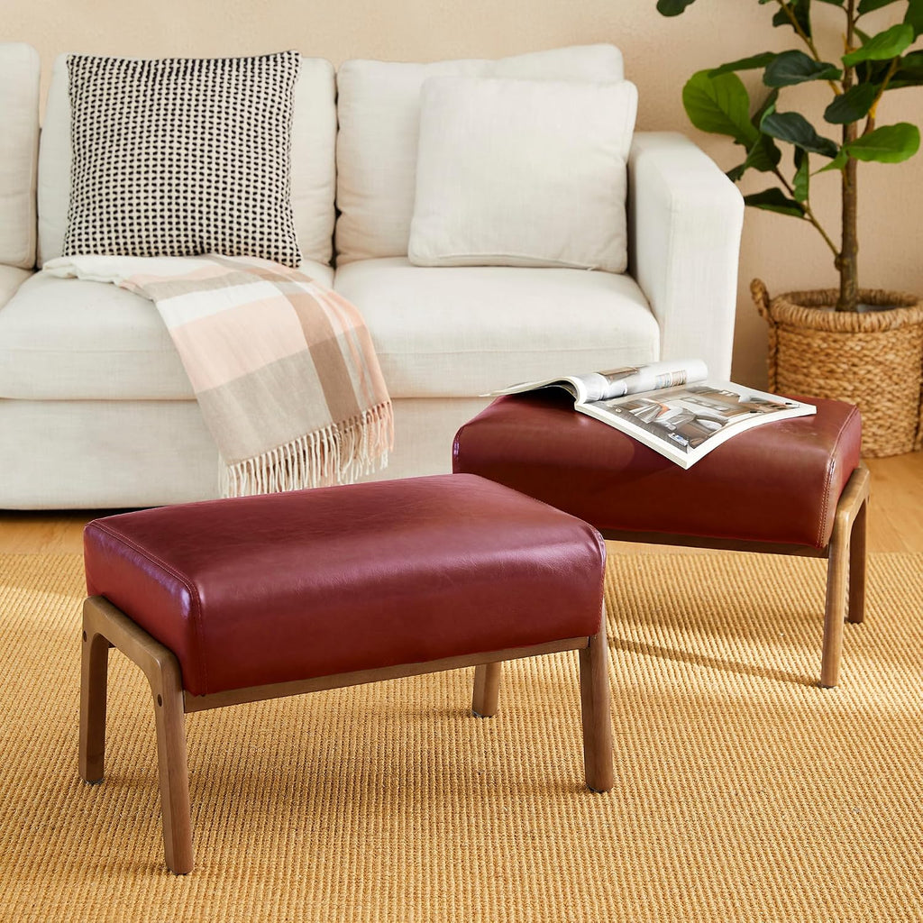 Glitzhome 2 Set Foot Stool Ottoman, Modern Leatherette Sofa Stool Vanity Chair with Rubber Wood Frame, Footrest Ottoman Bench for Living Room, Entryway, Wine Red