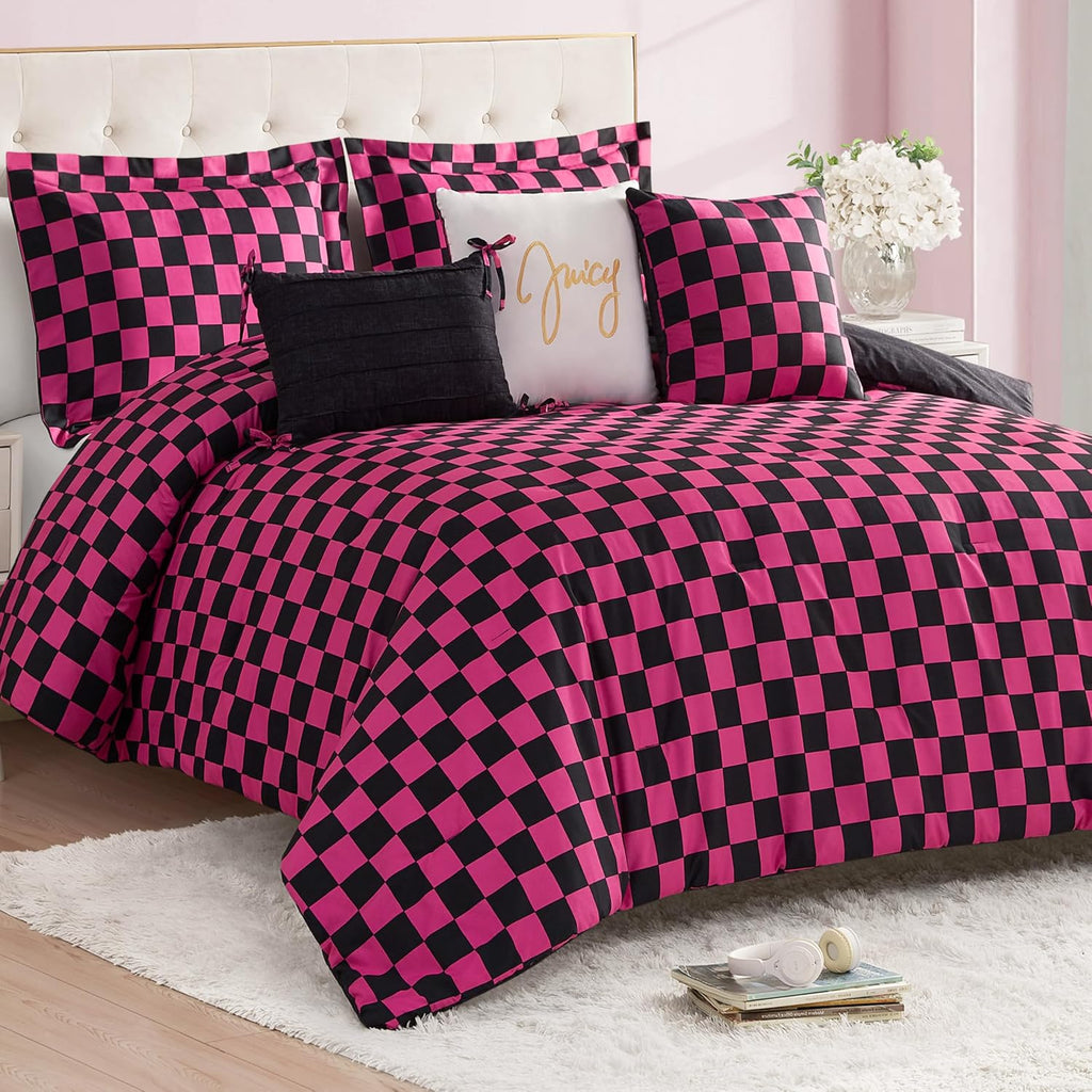 Juicy Couture Reversible Checkerboard Comforter Set 6-Piece King Set, Black/Hot Pink