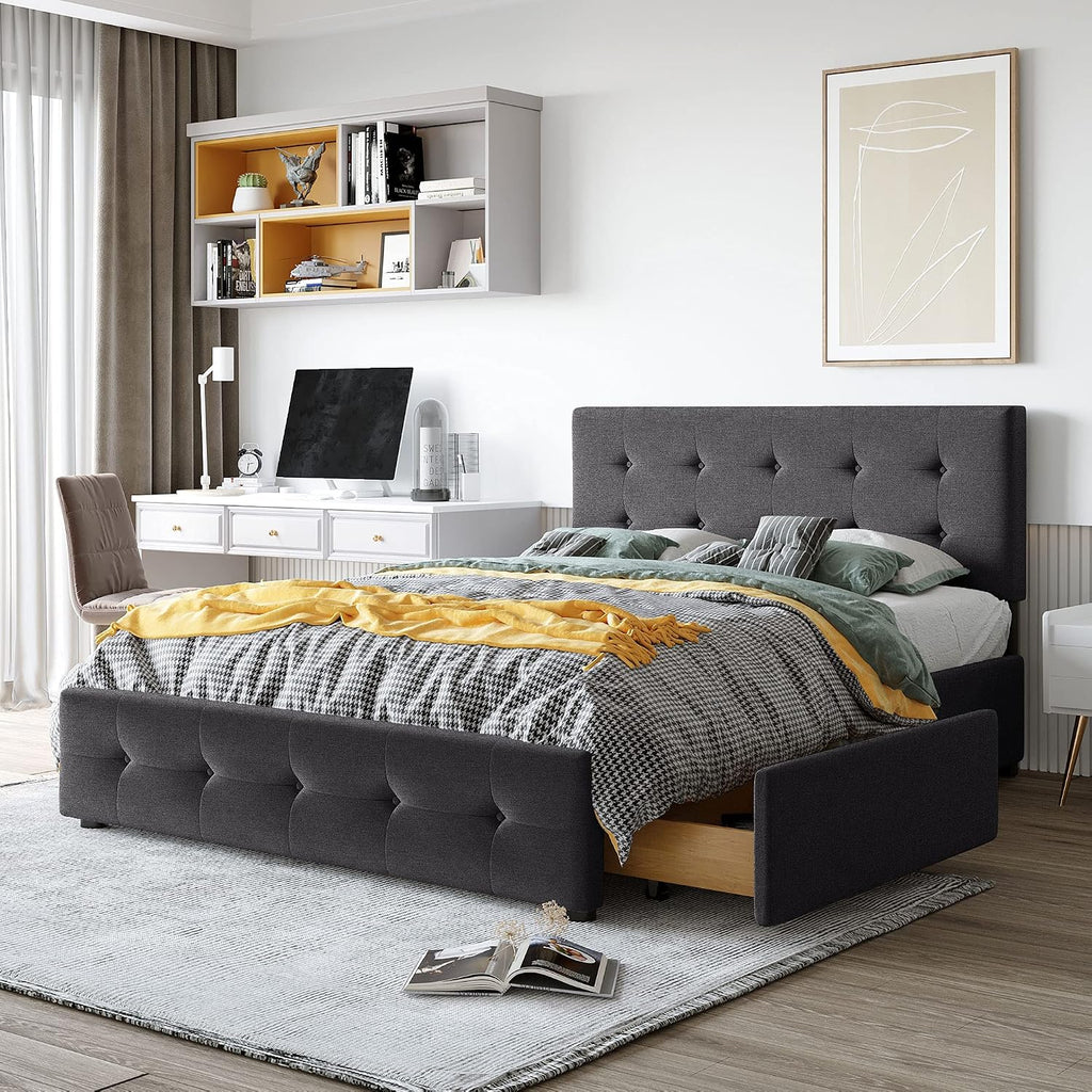 Merax Queen Size Linen Fabric Upholstered Platform Bed with 4 Storage Drawers and Classic Button Tufted Headboard, No Box Spring Needed, Dark Gray