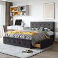 Merax Queen Size Linen Fabric Upholstered Platform Bed with 4 Storage Drawers and Classic Button Tufted Headboard, No Box Spring Needed, Dark Gray
