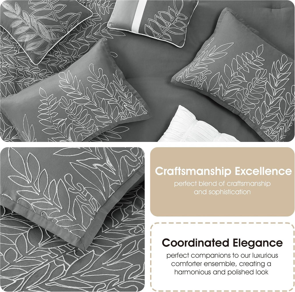 Stratford Park Grey Leaves Queen Size Comforter Sets, 7 Piece, Ultra Soft, Premium Microfiber, Pillow Shams Bedskirt, All Season