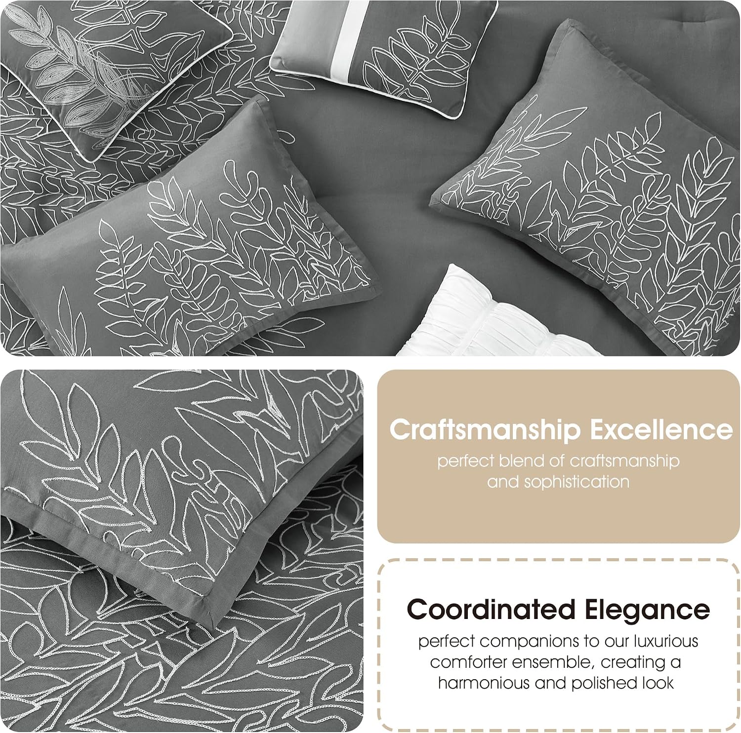Stratford Park Grey Leaves Queen Size Comforter Sets, 7 Piece, Ultra Soft, Premium Microfiber, Pillow Shams Bedskirt, All Season