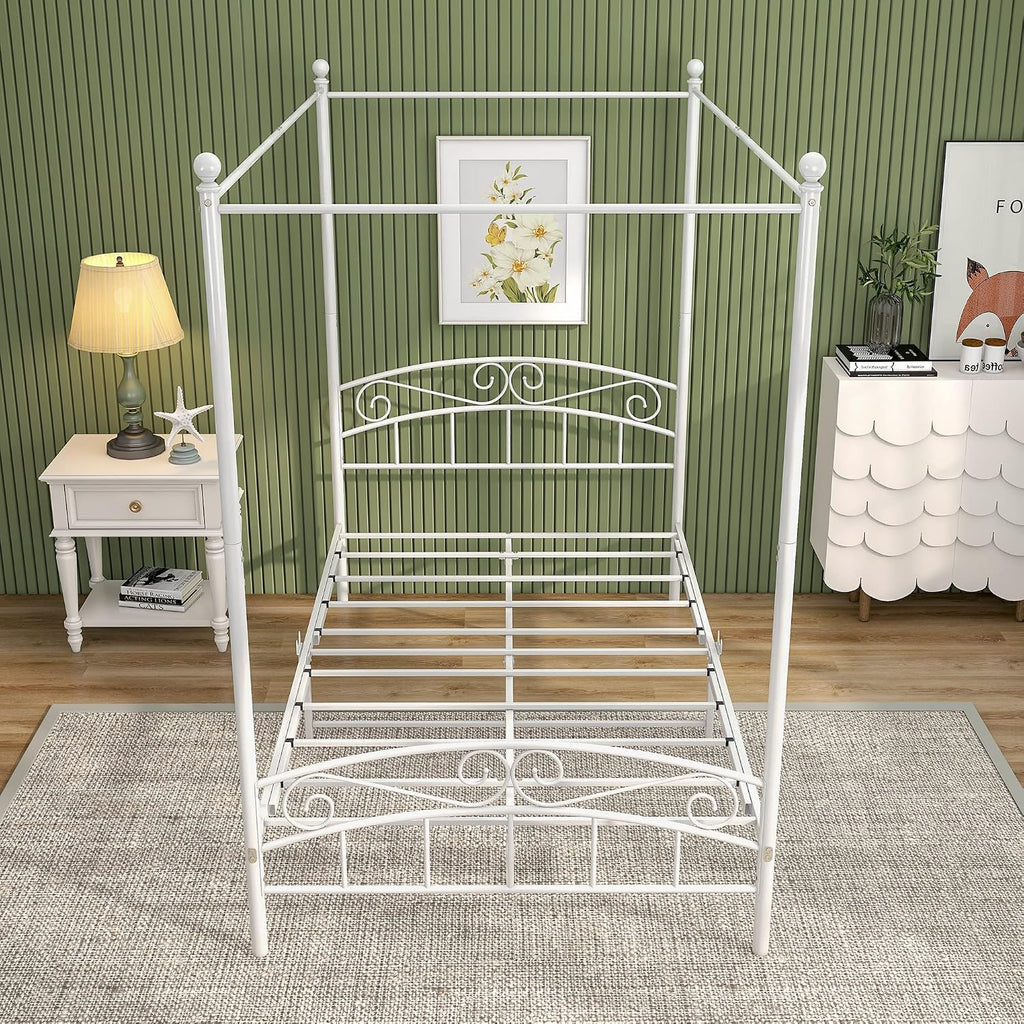 Metal Canopy Bed Frame Four-Poster Bed with Headboard & Footboard Mattress Foundation Sturdy Slatted Structure No Box Spring Needed Easy Assembly,Full White