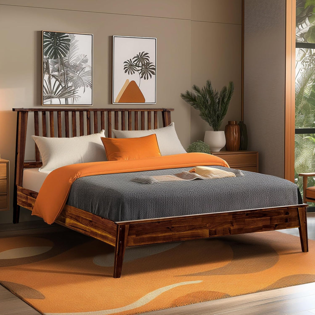 Acacia Kaylin Queen Size Bed Frame with Headboard, Queen Bed Frame with Headboard 800 lbs Capacity Natural Wood Bed All Mattress Support & No Box Spring Needed, Wood Slats Support, Chocolate.