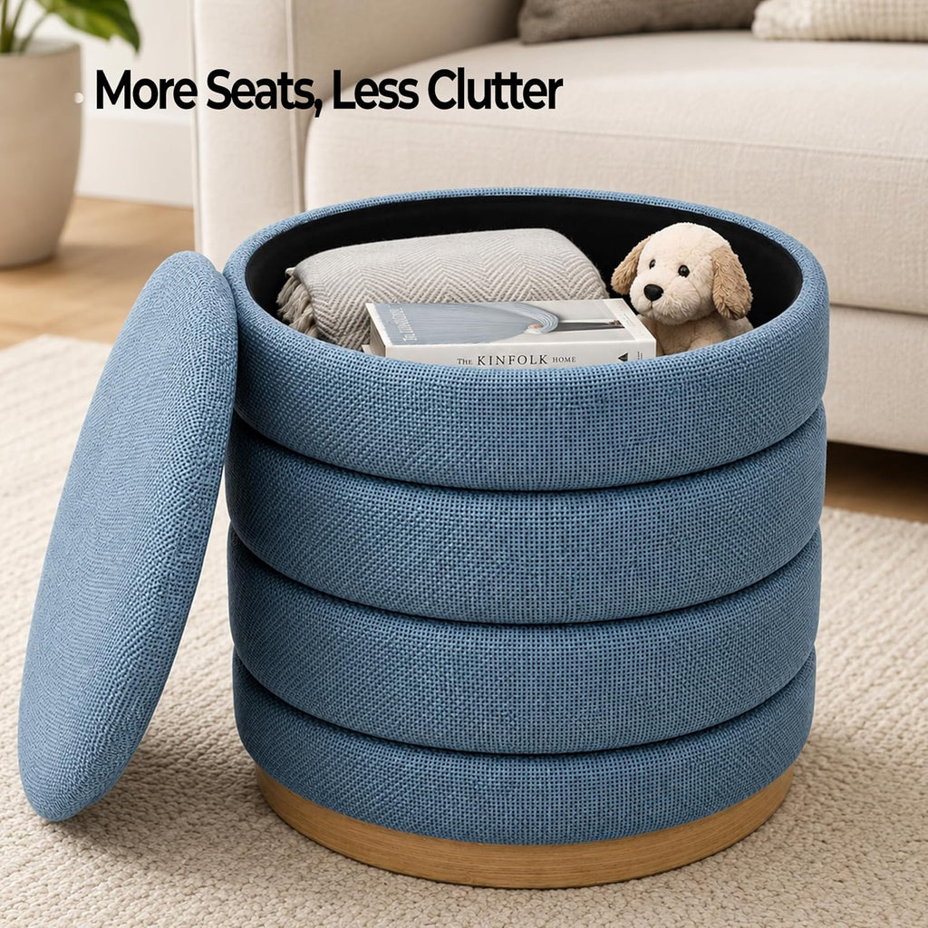 Ottoman Collection Stylish Linen Cylinder Storage Light Blue Round Footrest Vanity Stool Furniture Living Room Small Bench 16' L X16 W X 17' H