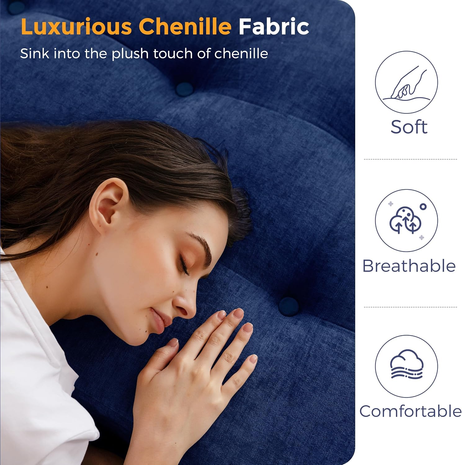 MAXYOYO 6' Folding Sofa Bed for Floor, Tufted Tri-Fold Floor Mattress with Chenille Fabric, Queen Size Portable Sofa Couch Guest Mat for Adults, Foldable Topper for Camping, Navy, 59'x78.7'