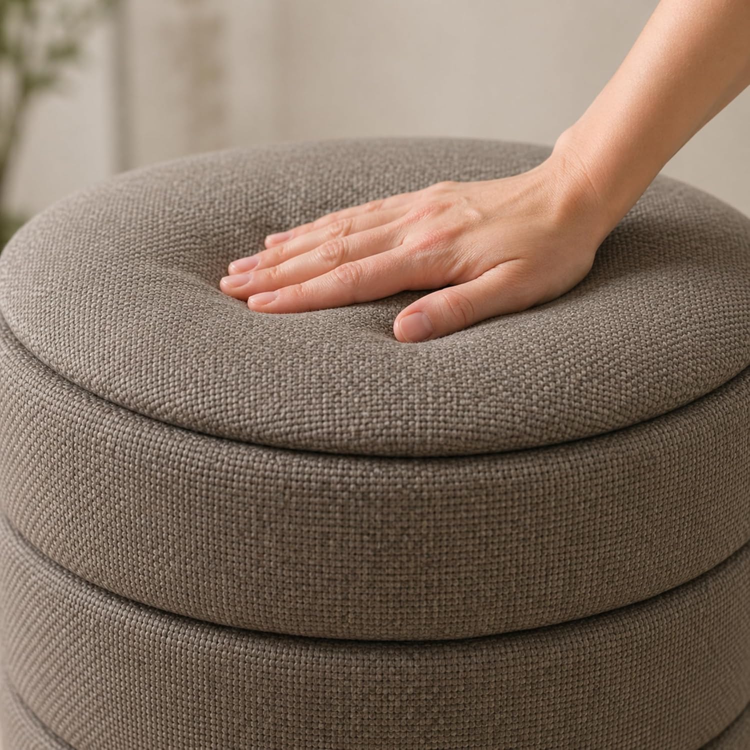 Ottoman Collection Stylish Linen Cylinder Storage Tan Round Footrest Vanity Stool Furniture Living Room Small Bench 16' L X16 W X 17' H