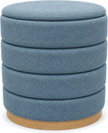 Ottoman Collection Stylish Linen Cylinder Storage Light Blue Round Footrest Vanity Stool Furniture Living Room Small Bench 16' L X16 W X 17' H